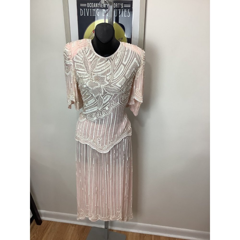 Vintage 1980's Judith Ann Creations Light Pink Sequin Beaded Silk Skirt Set with